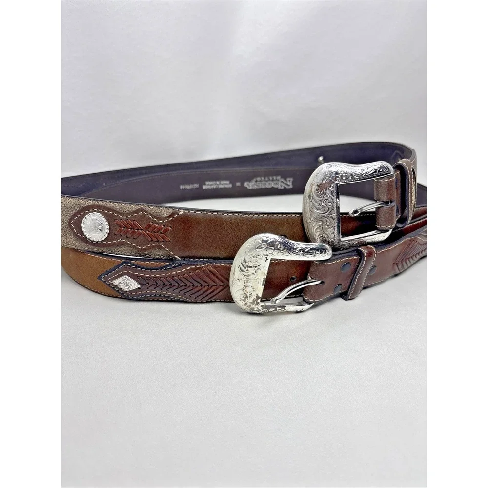 Nocona Lot Of 2 Brown Belt N2475444 Silver N2475702 Leather Western Men's 38